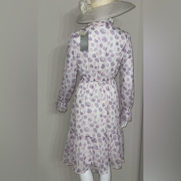 NWT Bow Tie Neck Floral Print Button Front Ruffle Hem A-line Dress Lilac Size S - Picture 13 of 16